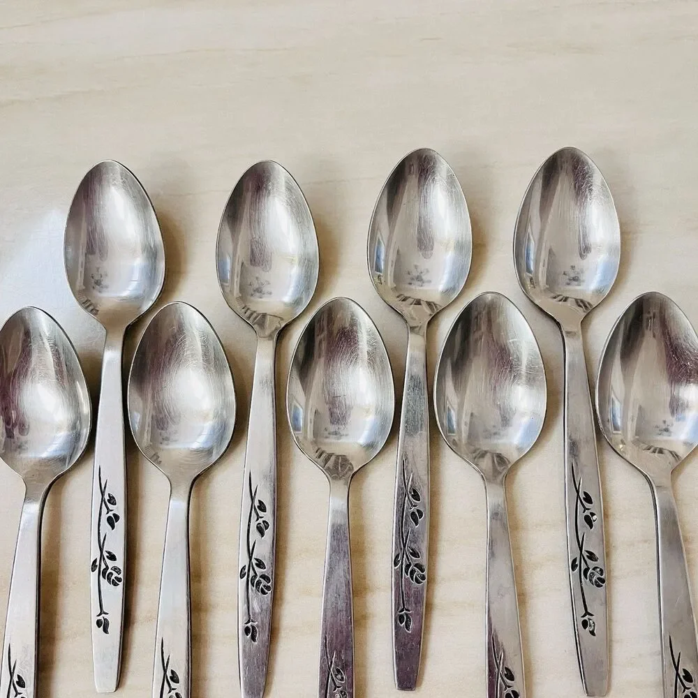 Vintage Rose Vine Japan Stainless Flatware UNF205 9pc Teaspoon+ 1pc Sugar Spoon